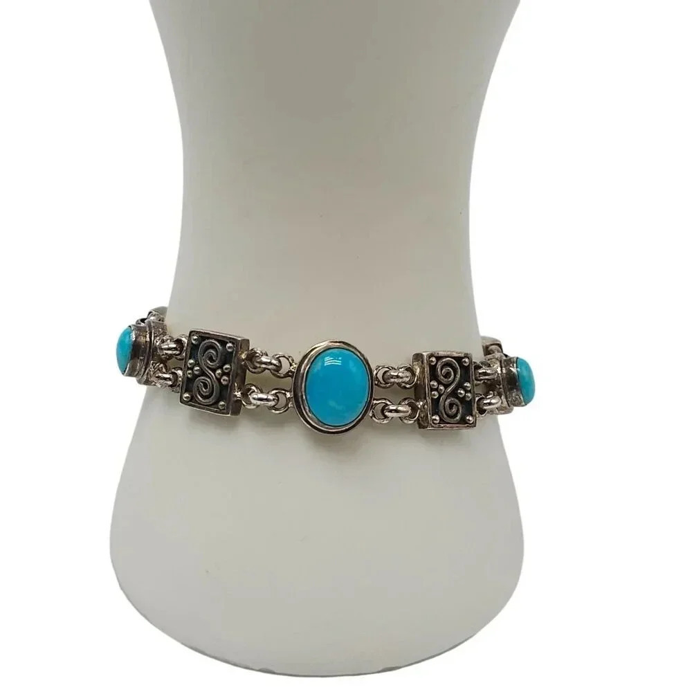 Turquoise Sterling Silver 925 Vintage Bracelet Intricate Design Toggle Clasp